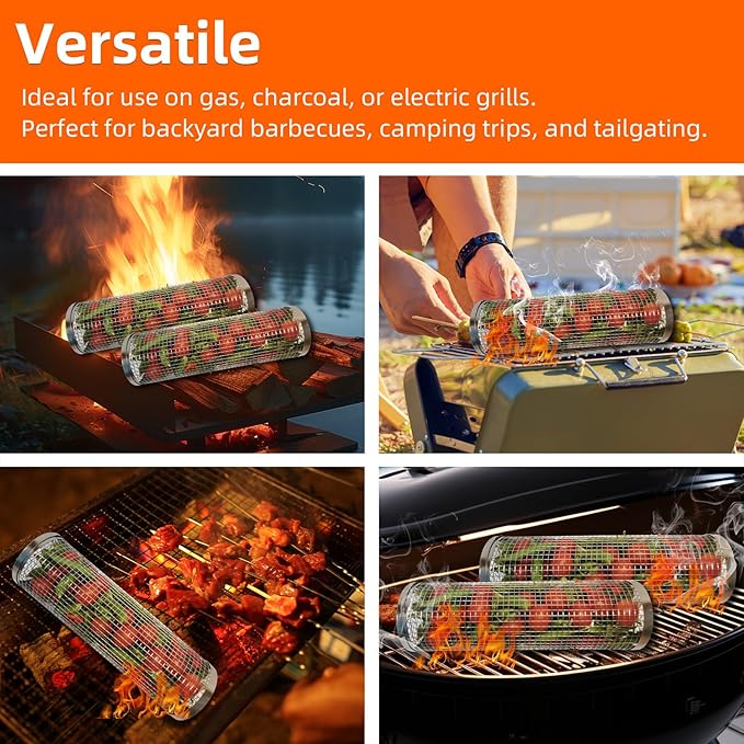 2PCS Grill Basket,Vegetable Grill Basket,Rolling Grill baskets for outdoor grill,grilling gifts for men,Grill Nets,Stainless Steel Grill Basket