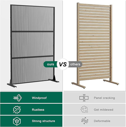 Casaphoria Metal Privacy Screen Outdoor, 72" H x 47" W Freestanding Decorative Privacy Screen for Patio Deck Balcony Garden with Stable Base, Black-Vertical Stripe