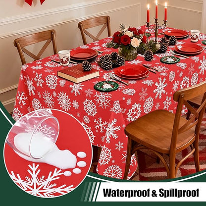 misaya Rectangle Waterproof Vinyl Table Cloth, Wipeable Tablecloth with Flannel Backing, Plastic Table Cover for Dinner, Christmas Party (Red Snowflake, 52" x 70")