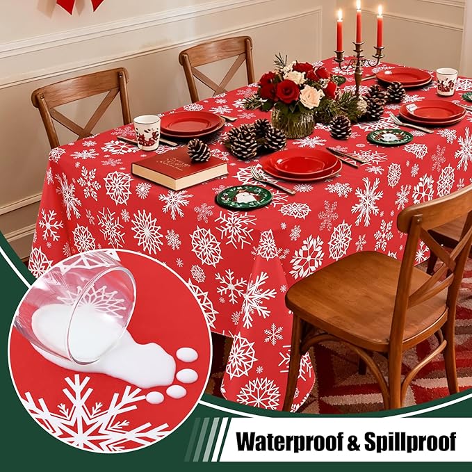 misaya Rectangle Waterproof Vinyl Table Cloth, Wipeable Tablecloth with Flannel Backing, Plastic Table Cover for Dinner, Christmas Party (Red Snowflake, 60" x 120")