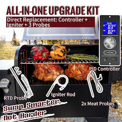Non-WiFi PID Controller Full Kit with Igniter, RTD & 2 Meat Probes for Camp Chef Gen 2 Retro Fit Grills | Fits Pursuit 20, SG24, SG30, SGX, DLX, XT, Woodwind Classic (Not for XXL Vertical)