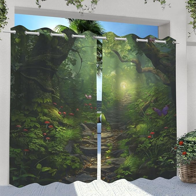 Fantasy Theme Waterproof Outdoor Curtains for Patio,Forest Pattern,Grommet Curtain for Bedroom, Porch, Living Room, Pergola, Cabana,2 Panels,W54 x L84,Green