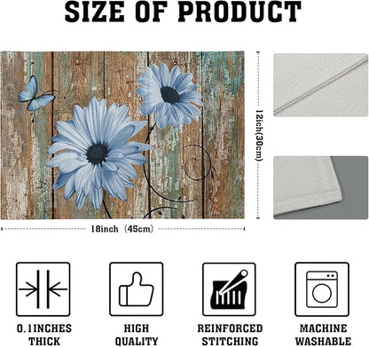 Giwawa Rustic Daisy Placemats Set of 4- Blue Sunflowers on Vintage Wood Board Linen Place Mat- Farmhouse Wooden Washable Heat Resistant Table Mats for Kitchen Dining Cabin Lodge Decor