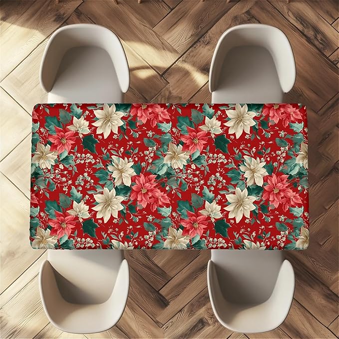 Rectangle Table Cloth Cover Waterproof Elastic Fitted Polyester Fitted Tablecloths for 6 Foot Tables for Indoor,Picnic, Camping, Outdoor （60" x 30"，Christmas Flowers）