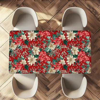 Rectangle Table Cloth Cover Waterproof Elastic Fitted Polyester Fitted Tablecloths for 6 Foot Tables for Indoor,Picnic, Camping, Outdoor （60" x 30"，Christmas Flowers）