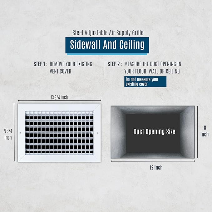 [4 Pack] Fits 12x8 Duct Opening Steel Adjustable Air Supply Grille by Handua | Register Vent Cover Grill for Sidewall and Ceiling | White | Out. Dim.: 13.75" X 9.75"