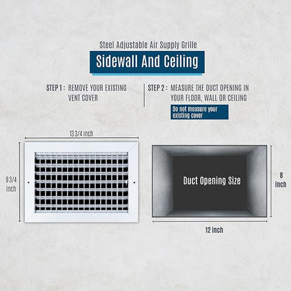 [3 Pack] Fits 12x8 Duct Opening Steel Adjustable Air Supply Grille by Handua | Register Vent Cover Grill for Sidewall and Ceiling | White | Out. Dim.: 13.75" X 9.75"