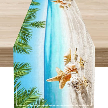 Summer Coastal Table Runner, Nautical Starfish Beach Seashell Ocean Tropical Palm Seasonal Coffee Table Center Decor for Home Kitchen Dining Patio Holiday Party Table Decorations 13"x90"
