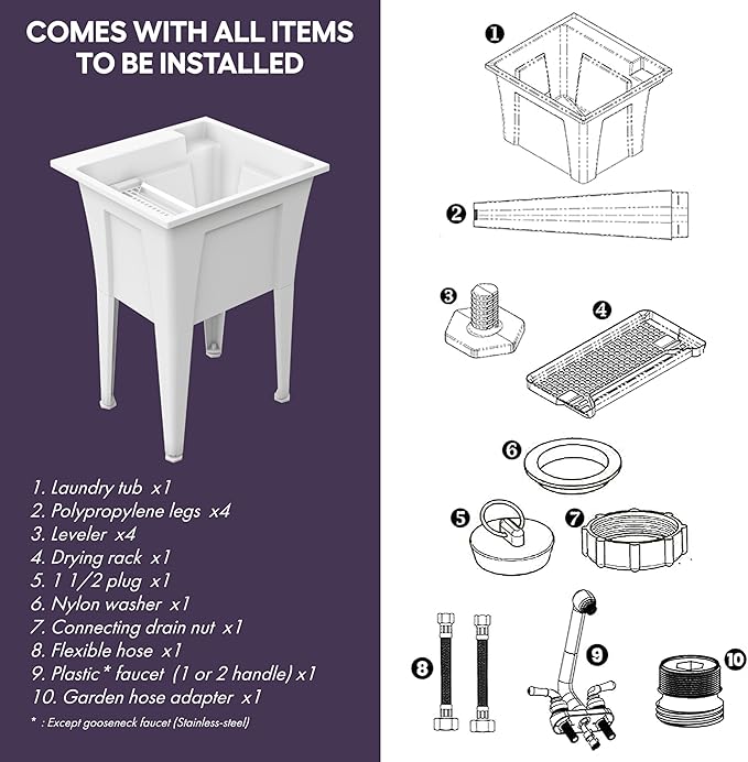 Freestanding Utility Sink with One Handle Chrome Faucet - 24" Plastic Utility Sink for Garage, Laundry, Indoor and Oudoor Use - Laundry Tub Kit by Noah William Home - White (19.5 gal)