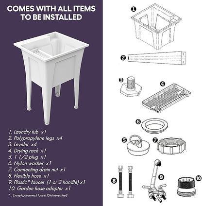 Freestanding Utility Sink with One Handle Chrome Faucet - 24" Plastic Utility Sink for Garage, Laundry, Indoor and Oudoor Use - Laundry Tub Kit by Noah William Home - White (19.5 gal)