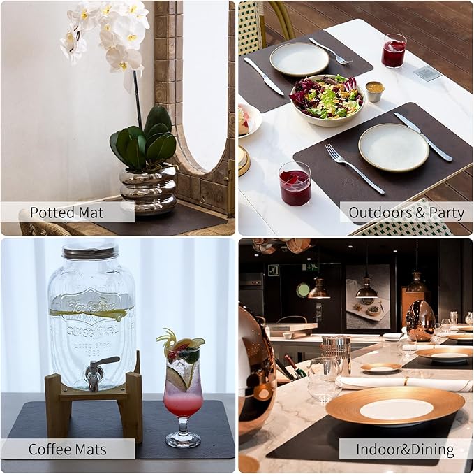 Cowhide Pattern Faux Leather Placemats Set of 6,Heat Resistant Non-Slip Waterproof Wipeable Washable Kitchen Dining PU Table Place Mats,Double-Sides Available,Black Brown