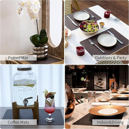 Cowhide Pattern Faux Leather Placemats Set of 6,Heat Resistant Non-Slip Waterproof Wipeable Washable Kitchen Dining PU Table Place Mats,Double-Sides Available,Black Brown