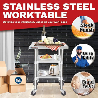 DuraSteel Stainless Steel Work Table 24" x 18" x 34" Height w/ 4 Caster Wheels - Food Prep Commercial Grade Worktable - NSF Certified - Good for Restaurant, Business, Warehouse, Home, Kitchen, Garage