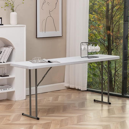 BTEXPERT 6-Foot - 72" Long White Granite Plastic Folding Seminar Training Table Portable 18" Wide Narrow, 29" High, Events Indoor Outdoor Lightweight Set of 2