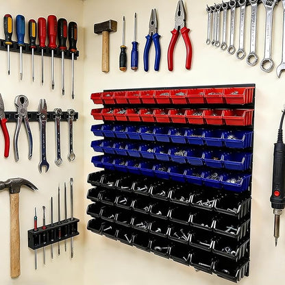 94 Pcs Wall Mounted Storage Bins, Garage Organizer System with Black, Blue, Red Plastic Bins, ABS Material, 30.7 x 30.7 x 5.9 Inch, for Nuts and Bolts Storage