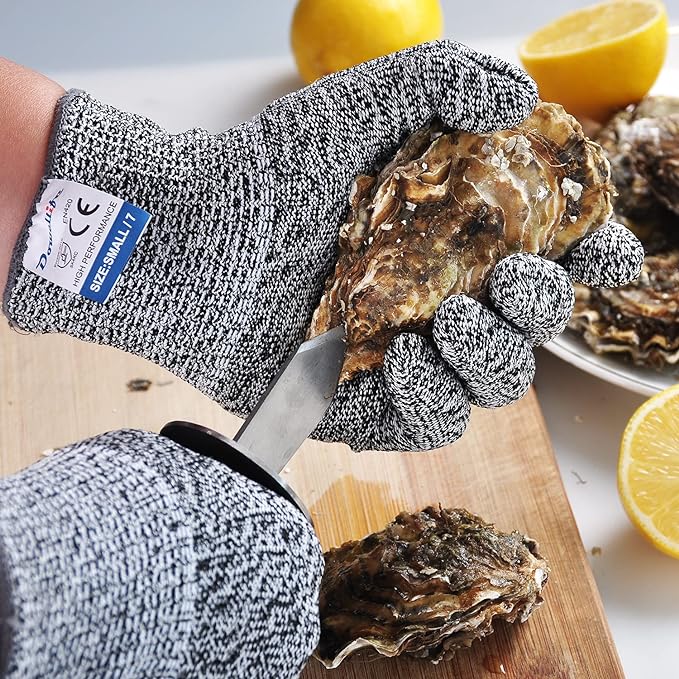 Dowellife 3 Pairs Cut Resistant Gloves Food Grade Level 5 Protection, Safety Kitchen Cuts Gloves for Mandolin Slicing, Fish Fillet, Oyster Shucking, Meat Cutting and Wood Carving (Black Gray, Large)
