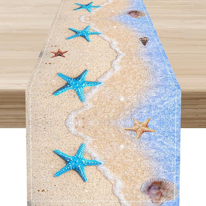 Summer Beach Table Runner, Nautical Starfish Coastal Seashell Ocean Blue Sea Seasonal Coffee Table Center Decor for Home Kitchen Dining Patio Holiday Party Table Decorations 13"x72"