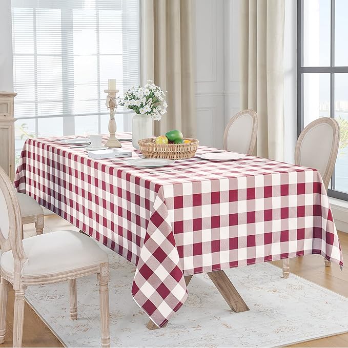 Softalker Gingham Checkered Tablecloth Rectangle - Outdoor Waterproof Buffalo Plaid Table Cloth, Stain Resistant Washable Table Cover for Picnic, Camping, Dining - Burgundy and White, 60 x 102 Inch