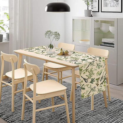 Bird Spring Table Runner,Vintage Watercolor Perching Birds Green Pine Branches Table Runner for Kitchen Dining Table Holiday Indoor Outdoor Home Party Decor 13x90in