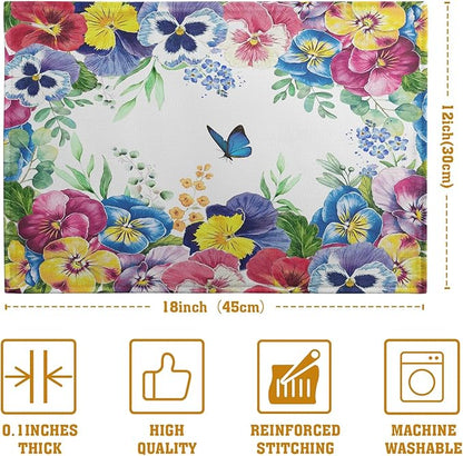 Watercolor Flowers Placemats Set of 4 Spring Summer Floral Butterfly Linen Fabric Table Mats Pansy Flower Eucalyptus Leaves Washable Place Mats for Farmhouse Dining Table Kitchen Decoration
