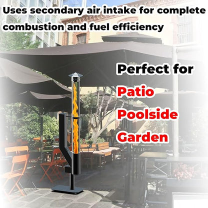 Smokeless Wood Pellet Patio Heater, Spiral Swirling Flame Glass Tube Fire Pit for Patio/Garden/Backyard, Anti-Tip Steel Base with Adjustable Feet, Outdoor Use Only