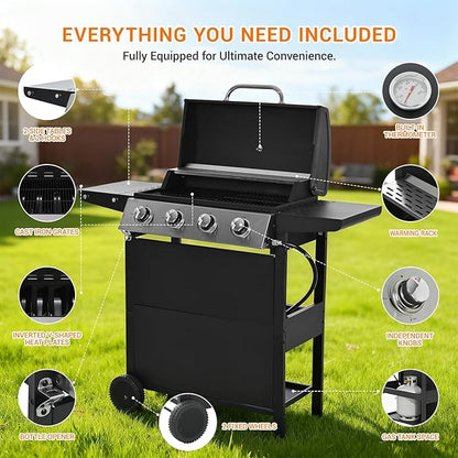 4-Burner Stainless Steel Gas Grill | 34,000 BTU Total Output & 421 sq.in Cooking Area | Powerful Even-Heat System for Large Family BBQs & Backyard Parties