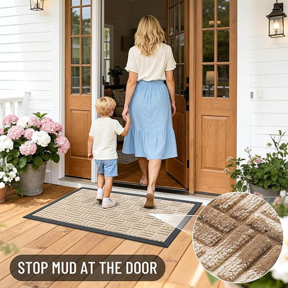 OLANLY Front Door Mat Outside Entrance 33x21, Absorbent, Heavy Duty Sturdy Natural Rubber Doormat Indoor Outdoor, Non-Slip, Stain and Fade Resistant, Low Profile Floor Mat for Entryway, Latte White