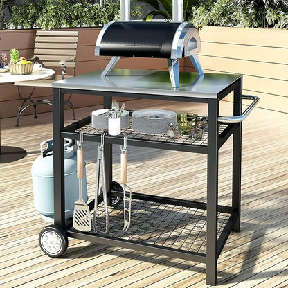 Movable Food Prep and Work Table Stainless Steel Grill Cart Modular Table with Wheels and Handle Double-Shelf Commercial Kitchen Tables Heavy Duty Pizza Oven Stand Outdoor