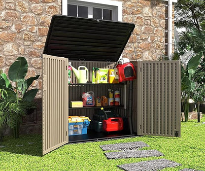 HOMSPARK Storage Shed Weather Resistance, Multi-Purpose Outdoor Storage Cabinet for Backyards and Patios, Horizontal Storage Shed for Lawnmower, Patio Accessories (Brown, X Large - 48 cu.ft)