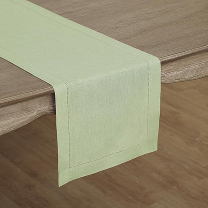 Solino Home Linen Sage Green Table Runner 72 Inches Long - 100% Pure Linen Hemstitch Table Runner 14 x 72 Inch for Dresser, Dining, Spring, Easter, St Patricks Day - Classic Hemstitch
