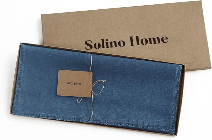 Solino Home Linen Fringe Table Runner 72 Inches Long - 100% Pure Linen Vintage Blue Table Runner 14 x 72 Inch for Winter, Spring, Easter