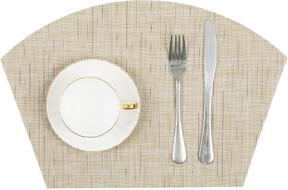 SHACOS Small Round Table Placemats Wedge Placemat Set of 4 Non Slip Heat Resistant Woven Vinyl Table Mats Wipe Clean Indoor Outdoor (4, Beige Yellow)