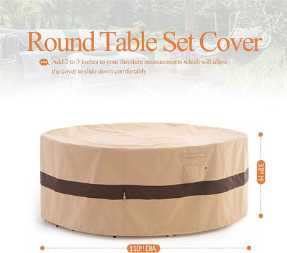 WJ-X3 Round Patio Furniture Cover, 110" D x 31" H, Waterproof, UV Resistant, Anti-Fading Outdoor Cover for Round Dining Table and Chairs Set, Beige & Coffee