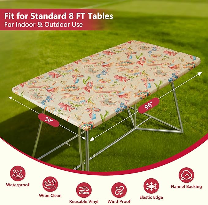 Rectangle Picnic Table Cloth, Elastic Waterproof Fitted Vinyl Tablecloths for 8 Foot Tables, Wipeable Flannel Backed Table Covers for Dining, Camping, Outdoor(Songbird,30"x96")