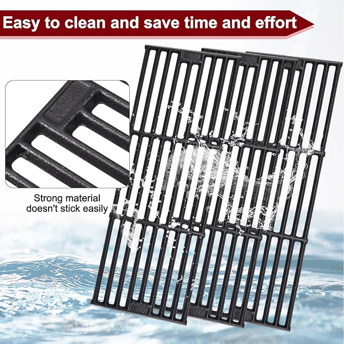 Hiorucet Grill Replacement Parts for Chargriller 5650, 5050, 3001, 5072, 3030, 3008, 4000, 5252 Gas Grill, Cast Iron Cooking Grates, Stainless Steel Heat Plates for King-Griller 3008 5252 Gas Grill