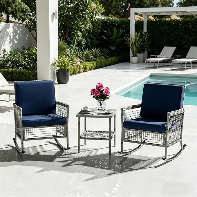 DECMICO 3-Piece Wicker Rocking Chair Set, Outdoor Patio Furniture | Navy by DECMICO