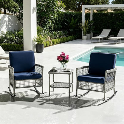 DECMICO 3-Piece Wicker Rocking Chair Set, Outdoor Patio Furniture | Navy by DECMICO