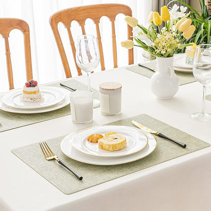 Romanstile Vinyl Placemats Set of 4-12 X 17 Inch - Heat Resistant Place Mats 100% Waterproof Oilproof Wipeable Reversible Faux Leather Table Mats for Kitchen, Dining, Party, Outdoor, Grass Green