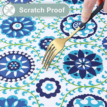 misaya Rectangle Waterproof Vinyl Table Cloth, Wipeable Tablecloth with Flannel Backing, Plastic Table Cover for Dinner, Picnic, Indoor and Outdoor (Navy Mandala, 60" x 102")