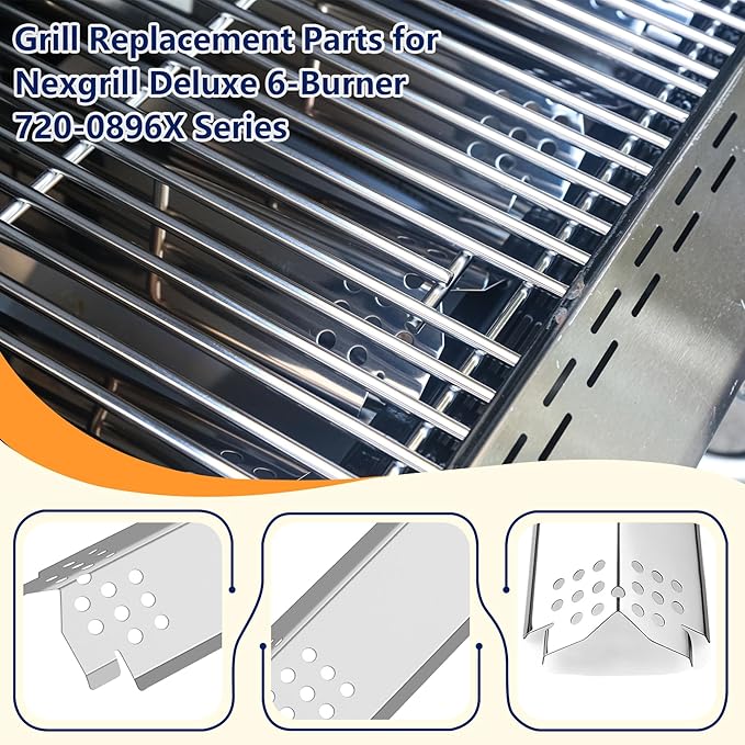 Stainless Cooking Grate,Heat Shield and Burner Kit for Nexgrill Replacement Parts 4-Burner 720-0830H 720-0830H,720-0888N,720-0888,720-0864,720-0896B,for Uniflame,Kenmore,Nexgrill 4&5-Burner Gas Grills