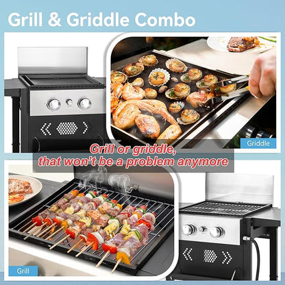 GREEN PARTY 2 Burner Griddle Grill Combo, 2 in 1 Propane Gas BBQ Grill w/Cast Iron Plate, 20,000 BTU Output Small Flat Top Propane Barbecue Grill for Camping, Patio, Backyard, Balcony