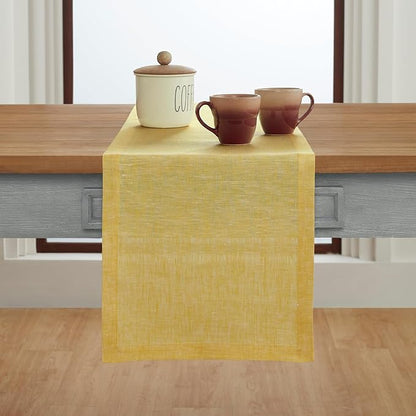 Solino Home Linen Table Runner 156 Inches Long - Athena, 100% Pure Linen Chambray Lemon Yellow Table Runner 14 x 156 Inch for Dining, Spring, Easter