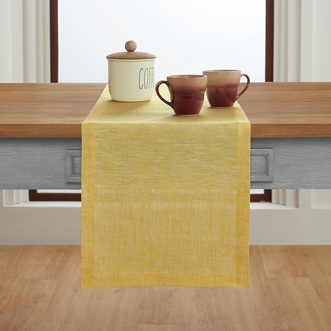 Solino Home Linen Short Table Runner 48 Inches - Athena, 100% Pure Linen Chambray Lemon Yellow Table Runner 14 x 48 Inch Ideal for Dresser and Coffee Tables, Spring, Easter