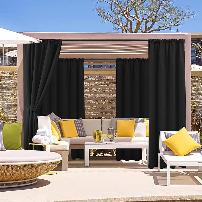 HolidayIdeas Outdoor Patio Curtains Waterproof with Rod Pocket 8 Panels 54x84 Inch- Protect Privacy Balcony Outdoor Curtains for Apartments,Porch, Gazebo, Pergola, Sliding Glass Door, Black