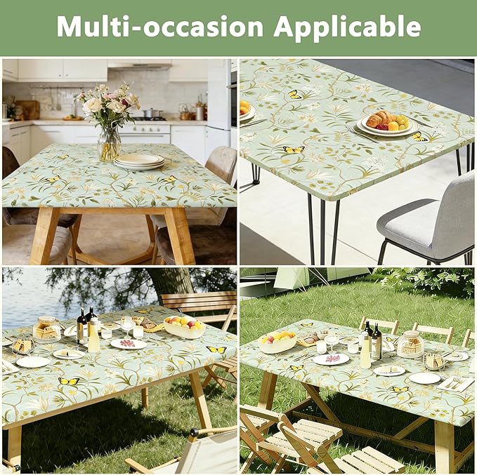 Rectangle Picnic Table Cloth, Elastic Waterproof Fitted Vinyl Tablecloths for 6 Foot Tables, Wipeable Flannel Backed Table Covers for Dining, Camping, Outdoor(Leaves,36"x72")