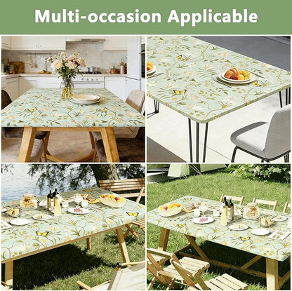 Rectangle Picnic Table Cloth, Elastic Waterproof Fitted Vinyl Tablecloths for 6 Foot Tables, Wipeable Flannel Backed Table Covers for Dining, Camping, Outdoor(Leaves,36"x72")