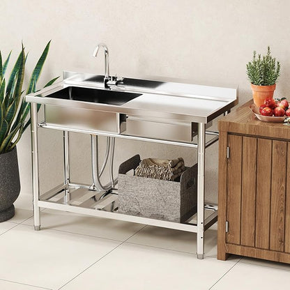 Stainless Steel Utility Sink, 47.2'' Free Standing Single Bowl Kitchen Sink with Cold and Hot Water Pipe, Right Drawer, Indoor and Outdoor for Laundry Room Farmhouse Kitchen(47.2 inch)