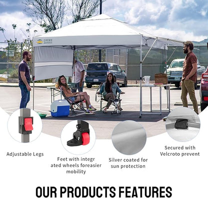 CROWN SHADES 10x10 Pop Up Canopy Tent with Patented Center Lock, 150D Silver Coated Fabric, 2 Extendable Awnings, Instant Commercial Canopy with 4 Weight Bags, Ropes, Stakes & Wheeled Carry Bag, White
