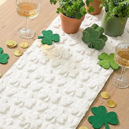 Artoid Mode White Soft Plush Faux Fur Jacquard Heart Clover St. Patrick's Day Table Runner, Seasonal Kitchen Dining Table Decoration for Home Party Decor 13x60 Inch