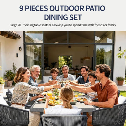 9 Pieces Patio Dining Set for 8 - All Weather Outdoor Dining Sets, All in One Outdoor Table and Chairs, Wicker Outdoor Patio Furniture Sets with Cushions and Pillows, Grey